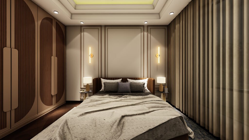 This super-luxury bedroom by Vastukaar Studio is crafted with a refined blend of modern elegance, warm tones, and soft ambient lighting.