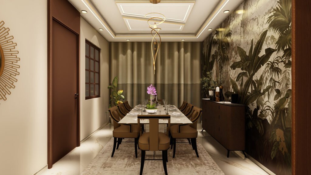 A stunning super-luxury dining experience crafted by Vastukaar Studio, featuring rich earthy tones, sculptural lighting, elegant furniture, and a nature-inspired accent wall.