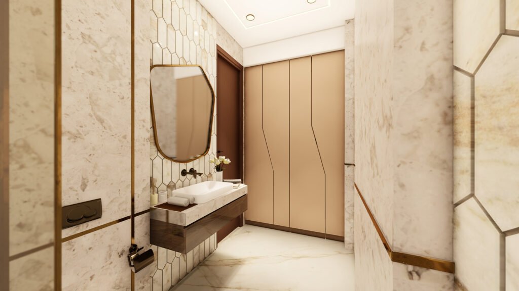 A beautifully crafted super-luxury bathroom designed by Vastukaar Studio, featuring rich marble textures, warm ambient lighting, and premium fixtures.