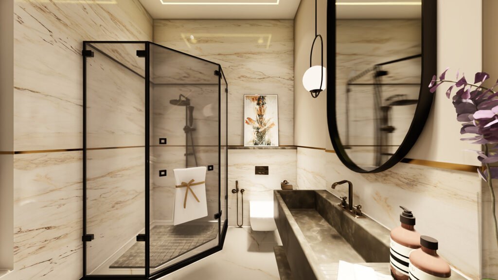 A stunning super-luxury bathroom designed by Vastukaar Studio, featuring rich marble textures, matte black accents, sculptural lighting, and a sophisticated modern layout.