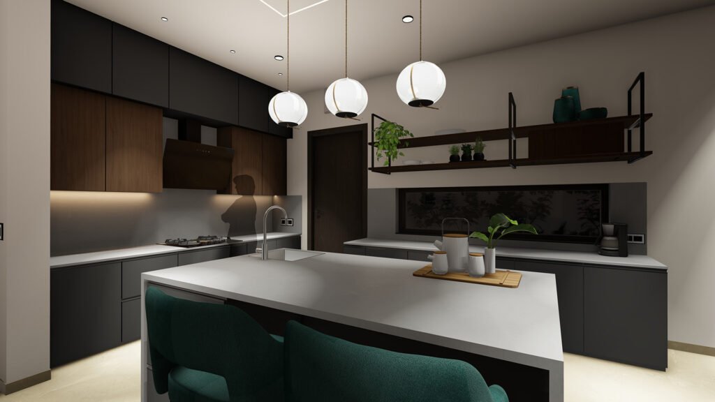 A refined and contemporary kitchen design crafted by Vastukaar Studio, combining sleek finishes, ambient lighting, modern functionality, and a beautifully organized layout. This kitchen is designed to feel luxurious, efficient, and visually timeless — a perfect balance of style and practicality.