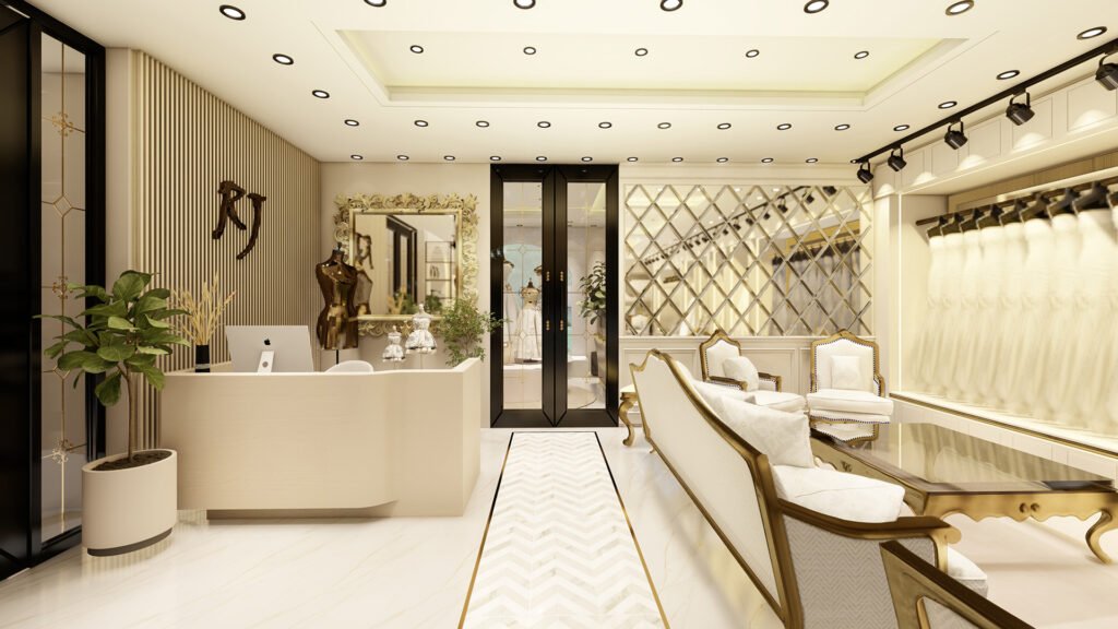 A premium bridal showroom elevation design by Vastukaar Studio featuring modern textures, vertical patterns, elegant façade details, and a luxurious commercial outlook.