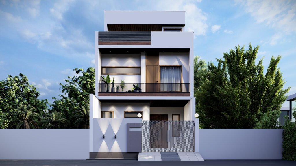 A bold and innovative elevation designed by Vastukaar Studio, featuring sharp geometry, designer screens, warm wooden textures, and a perfectly balanced modern façade.