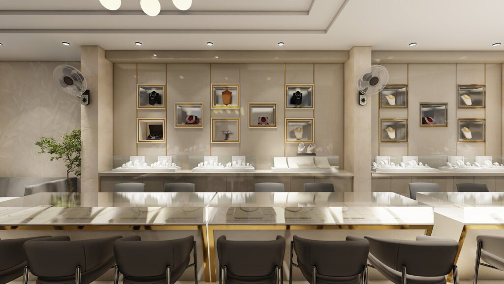 luxury jewellery showroom design, modern gold display interior, Vastukaar Studio, jewellery shop interior, premium retail design, gemstone showroom interior, diamond boutique design.