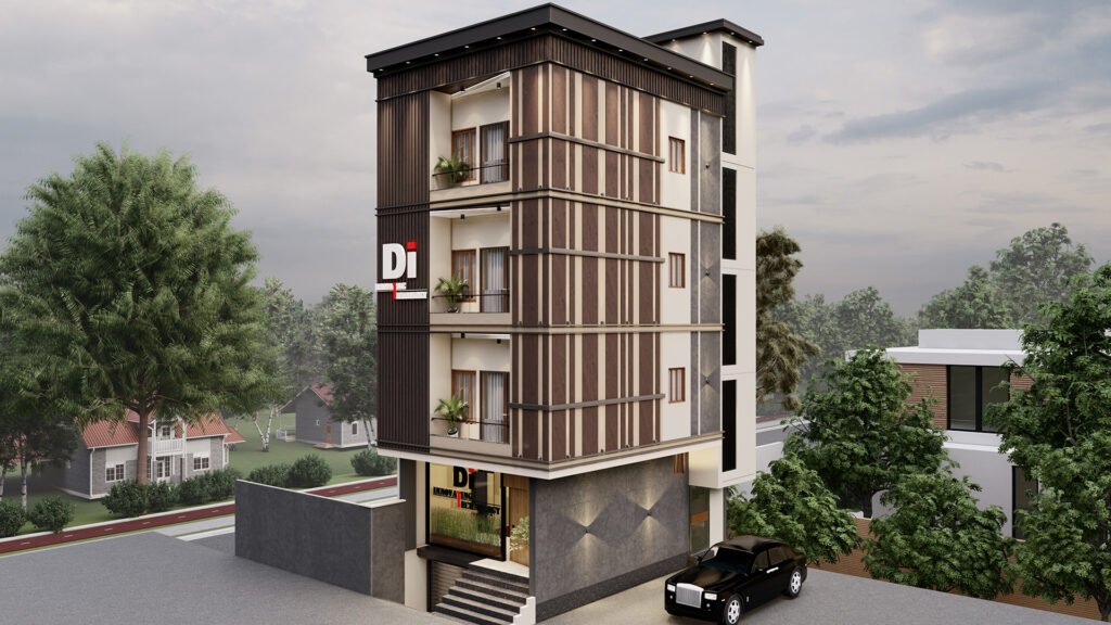 Modern elevation design by Vastukaar Studio featuring vertical wooden textures, clean geometry, LED façade lighting, premium cladding, balcony railings, and a sophisticated contemporary exterior ideal for commercial and residential projects.
