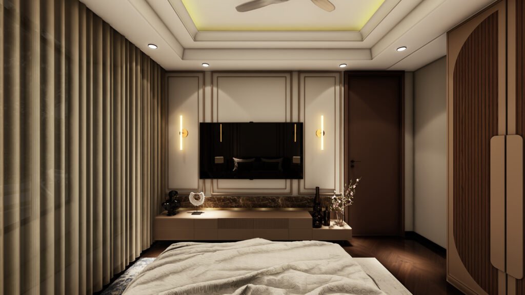 This super-luxury bedroom by Vastukaar Studio is crafted with a refined blend of modern elegance, warm tones, and soft ambient lighting.