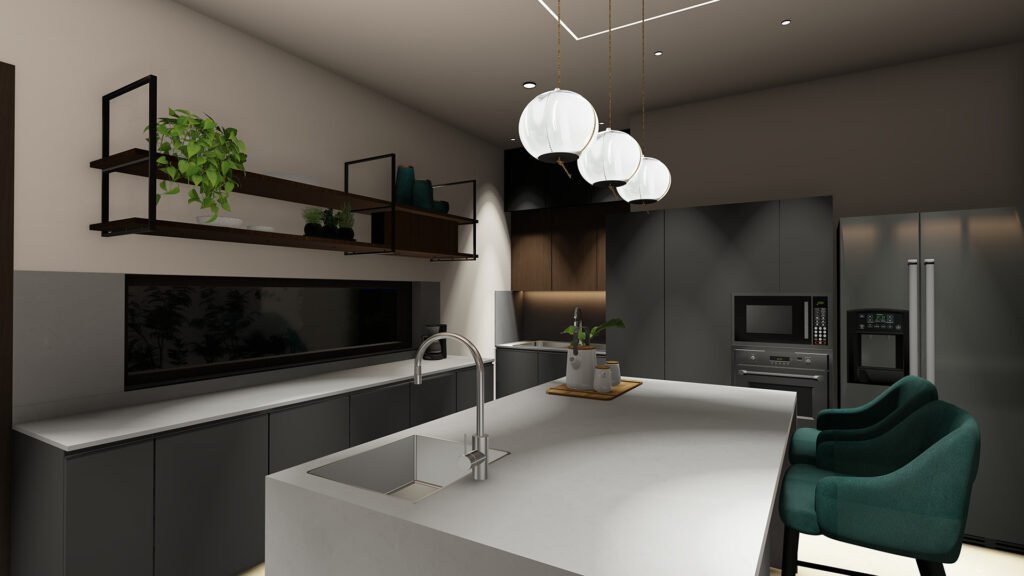 A refined and contemporary kitchen design crafted by Vastukaar Studio, combining sleek finishes, ambient lighting, modern functionality, and a beautifully organized layout. This kitchen is designed to feel luxurious, efficient, and visually timeless — a perfect balance of style and practicality.