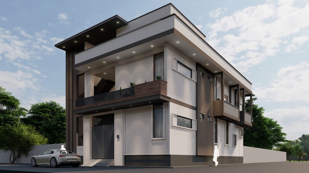 A striking modern elevation crafted by Vastukaar Studio, showcasing clean geometry, bold volumetric forms, and a refined blend of textures.