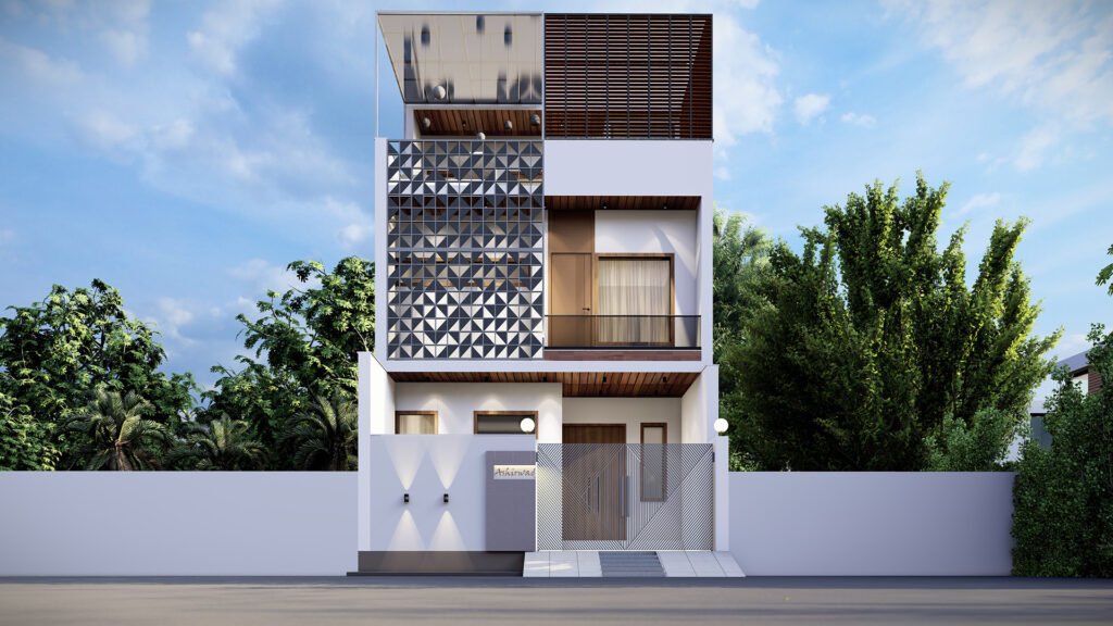 A bold and innovative elevation designed by Vastukaar Studio, featuring sharp geometry, designer screens, warm wooden textures, and a perfectly balanced modern façade.