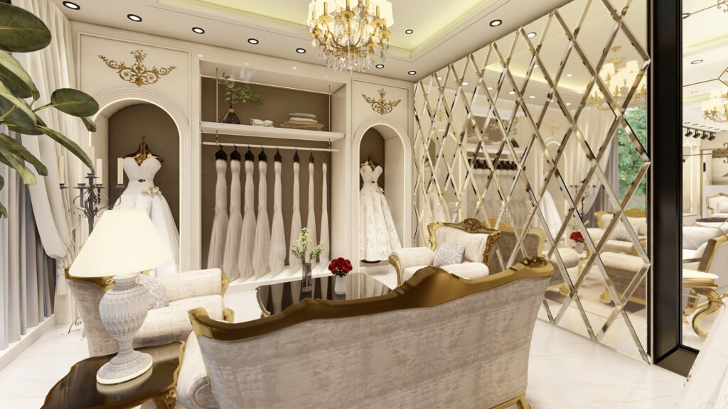 A premium bridal showroom elevation design by Vastukaar Studio featuring modern textures, vertical patterns, elegant façade details, and a luxurious commercial outlook.