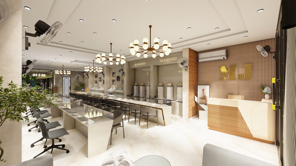 luxury jewellery showroom design, modern gold display interior, Vastukaar Studio, jewellery shop interior, premium retail design, gemstone showroom interior, diamond boutique design.