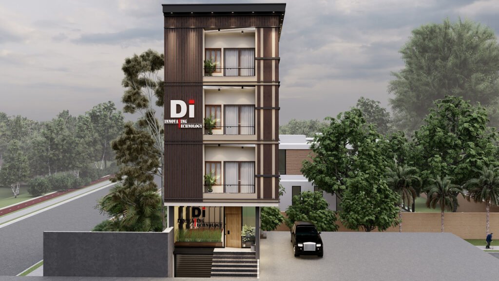 Modern elevation design by Vastukaar Studio featuring vertical wooden textures, clean geometry, LED façade lighting, premium cladding, balcony railings, and a sophisticated contemporary exterior ideal for commercial and residential projects.