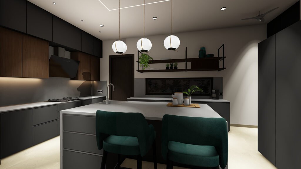 A refined and contemporary kitchen design crafted by Vastukaar Studio, combining sleek finishes, ambient lighting, modern functionality, and a beautifully organized layout. This kitchen is designed to feel luxurious, efficient, and visually timeless — a perfect balance of style and practicality.