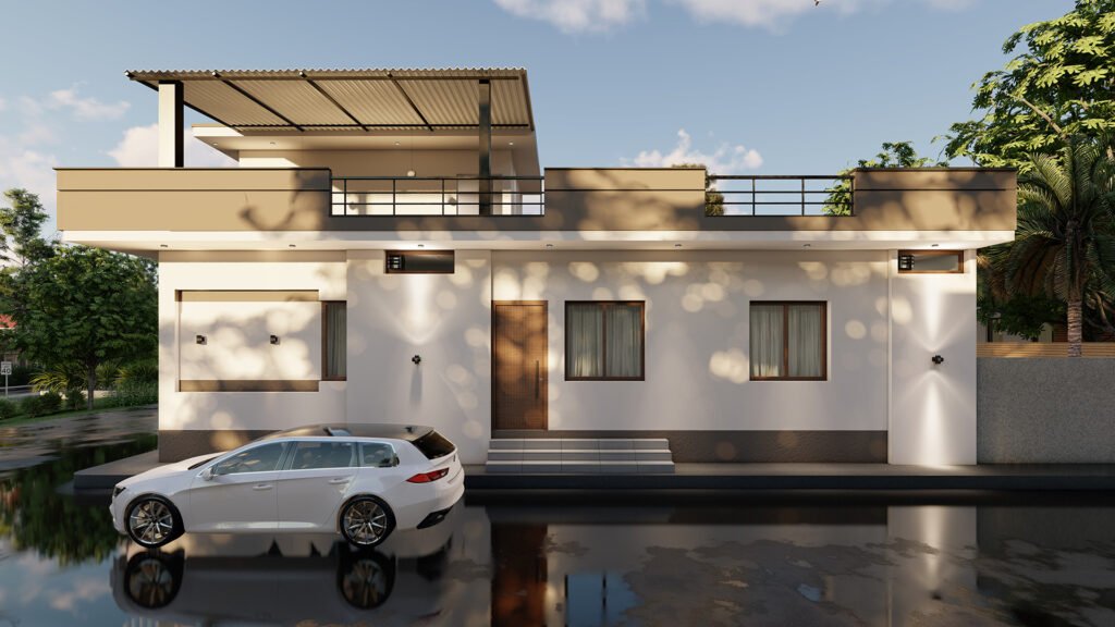 A sleek and contemporary ground floor elevation designed by Vastukaar Studio, featuring clean geometry, soft earthy tones, and a refined modern structure.