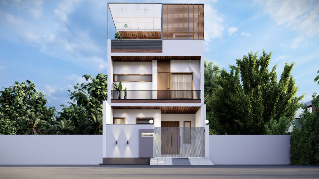 A bold and innovative elevation designed by Vastukaar Studio, featuring sharp geometry, designer screens, warm wooden textures, and a perfectly balanced modern façade.