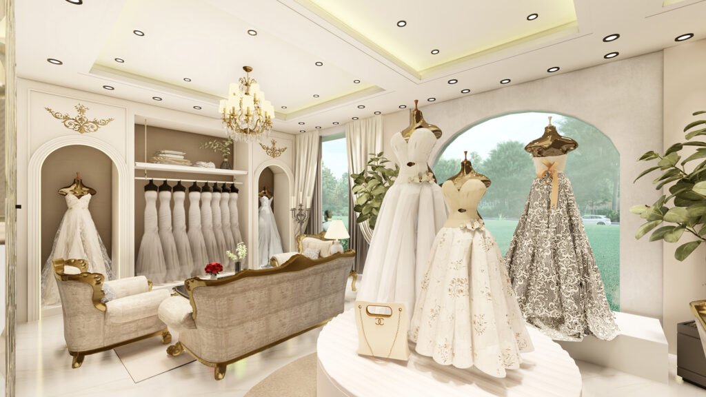 A premium bridal showroom elevation design by Vastukaar Studio featuring modern textures, vertical patterns, elegant façade details, and a luxurious commercial outlook.