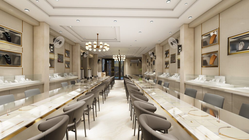 luxury jewellery showroom design, modern gold display interior, Vastukaar Studio, jewellery shop interior, premium retail design, gemstone showroom interior, diamond boutique design.