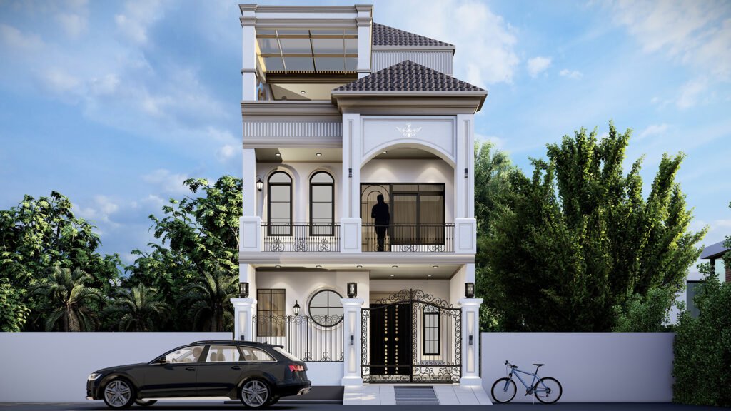 A majestic and classically inspired elevation designed by Vastukaar Studio, showcasing timeless arches, intricate wrought-iron details, refined symmetry, and elegant European proportions.