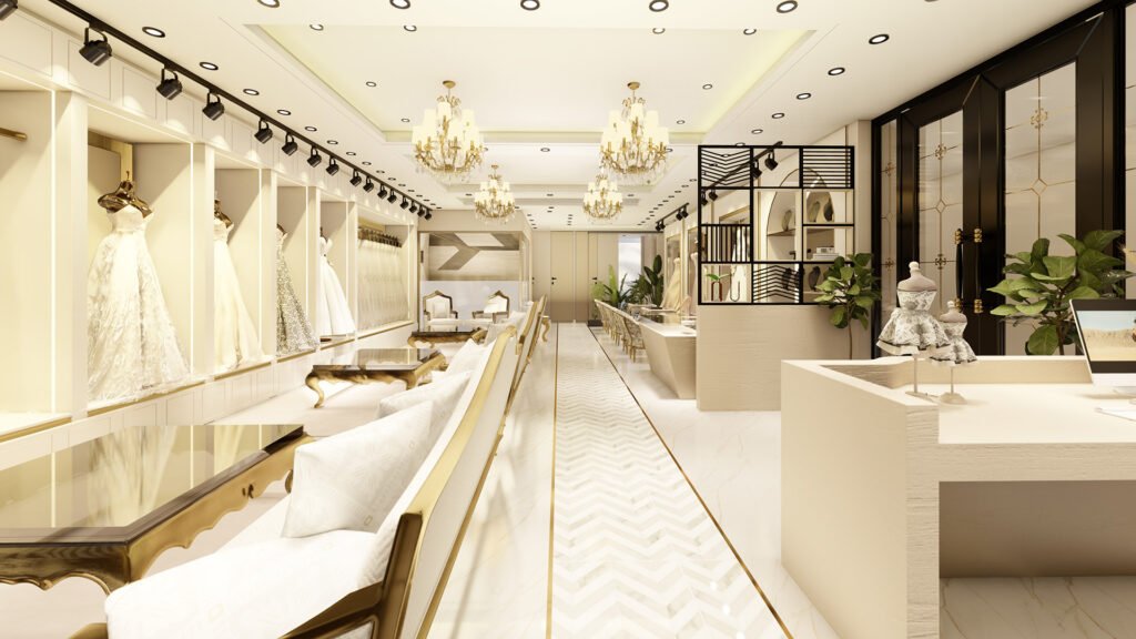 A premium bridal showroom elevation design by Vastukaar Studio featuring modern textures, vertical patterns, elegant façade details, and a luxurious commercial outlook.