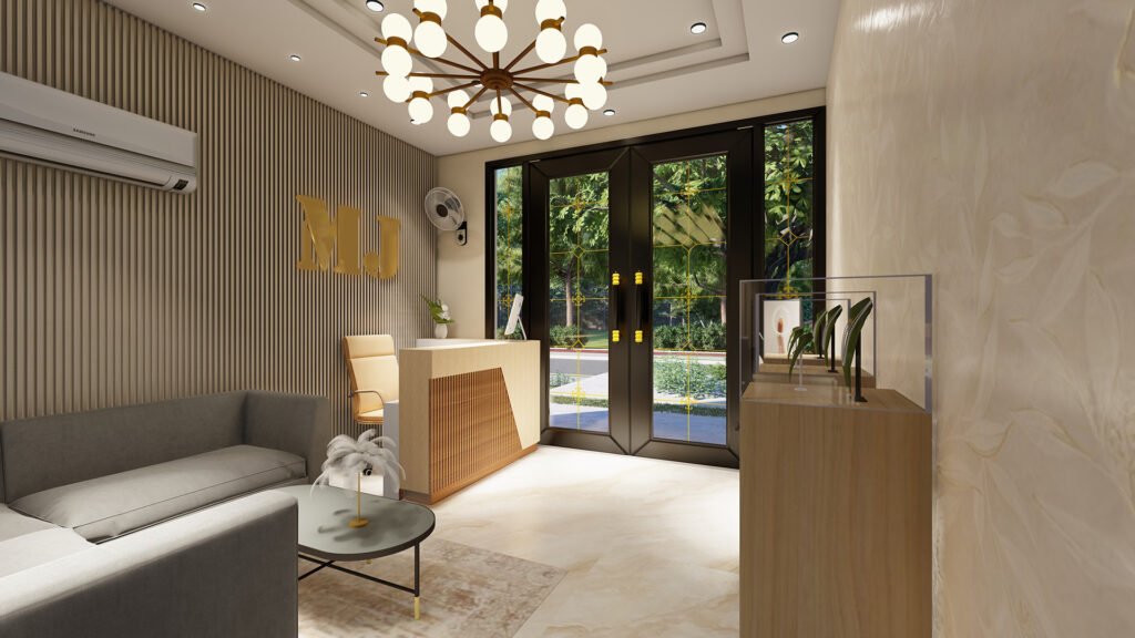 luxury jewellery showroom design, modern gold display interior, Vastukaar Studio, jewellery shop interior, premium retail design, gemstone showroom interior, diamond boutique design.