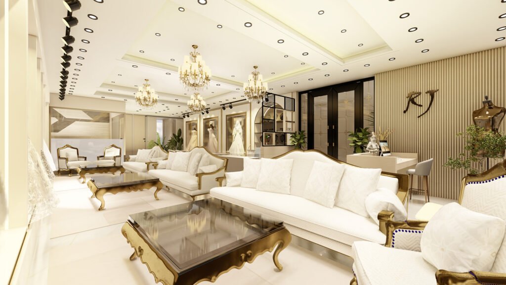 A premium bridal showroom elevation design by Vastukaar Studio featuring modern textures, vertical patterns, elegant façade details, and a luxurious commercial outlook.