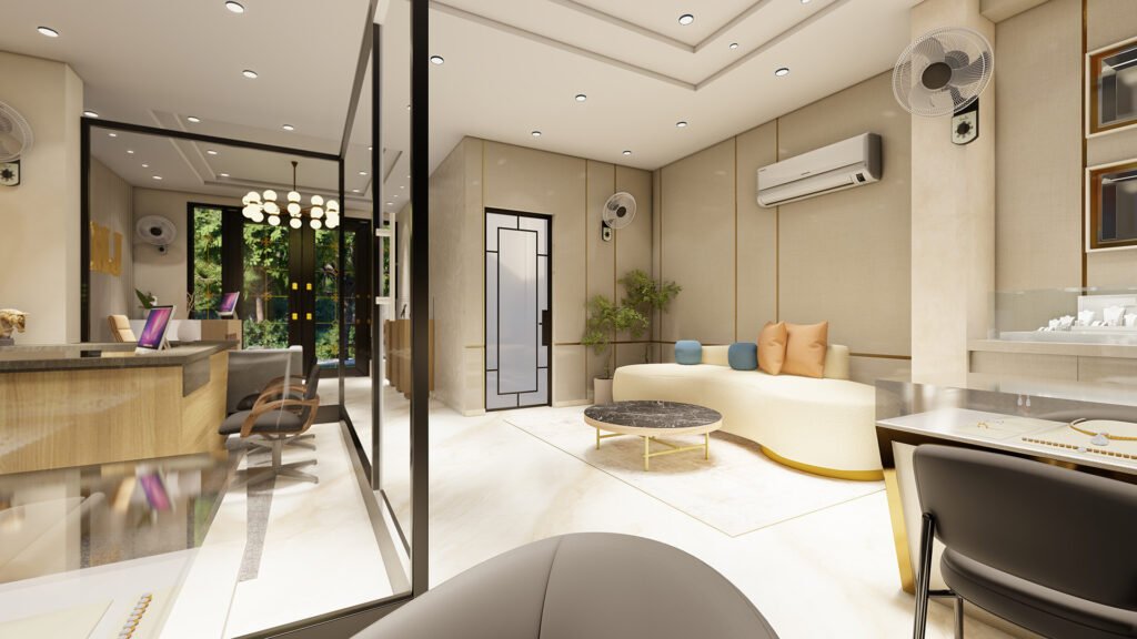 luxury jewellery showroom design, modern gold display interior, Vastukaar Studio, jewellery shop interior, premium retail design, gemstone showroom interior, diamond boutique design.