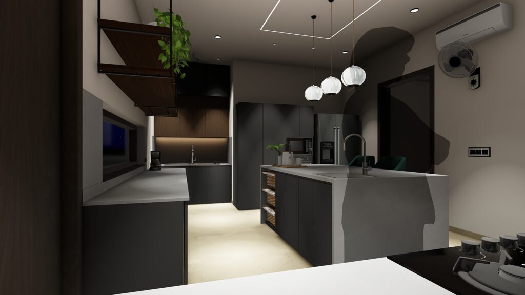 A refined and contemporary kitchen design crafted by Vastukaar Studio, combining sleek finishes, ambient lighting, modern functionality, and a beautifully organized layout. This kitchen is designed to feel luxurious, efficient, and visually timeless — a perfect balance of style and practicality.
