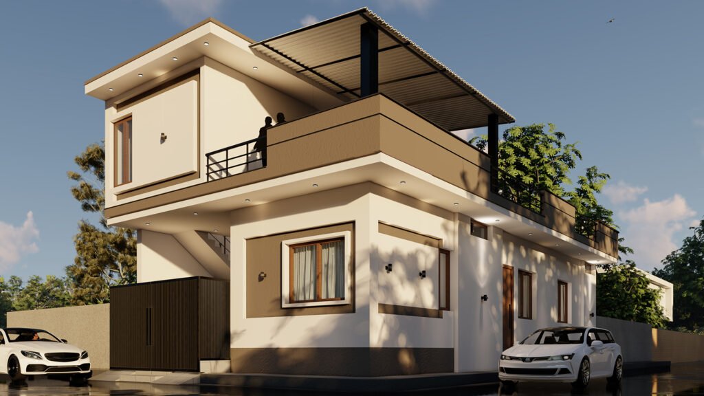 A sleek and contemporary ground floor elevation designed by Vastukaar Studio, featuring clean geometry, soft earthy tones, and a refined modern structure.