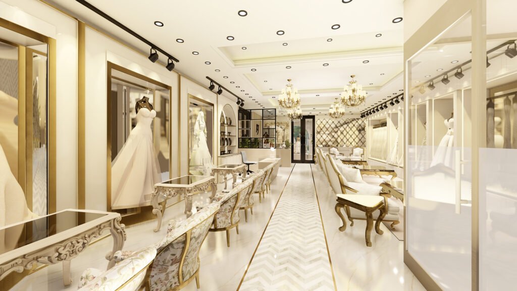 A premium bridal showroom elevation design by Vastukaar Studio featuring modern textures, vertical patterns, elegant façade details, and a luxurious commercial outlook.