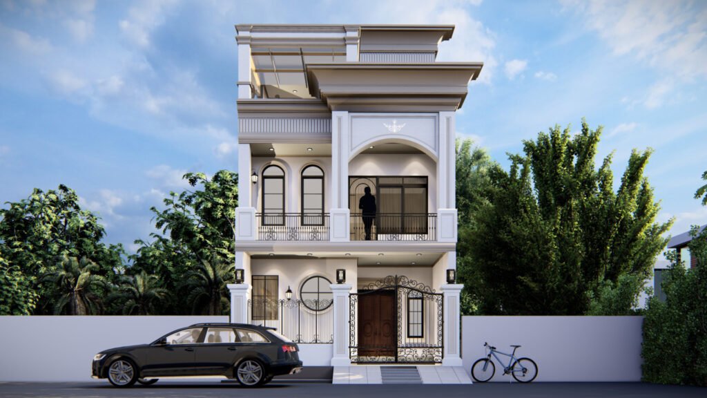 A majestic and classically inspired elevation designed by Vastukaar Studio, showcasing timeless arches, intricate wrought-iron details, refined symmetry, and elegant European proportions.