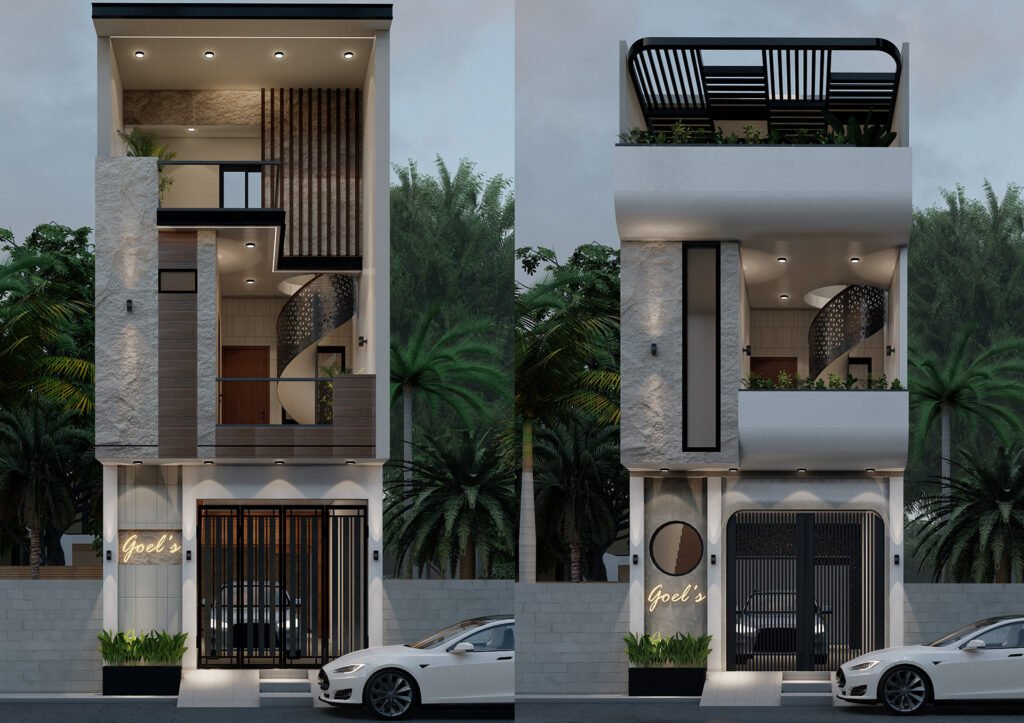 A compact yet visually striking façade designed with intelligent proportions and clean geometry.